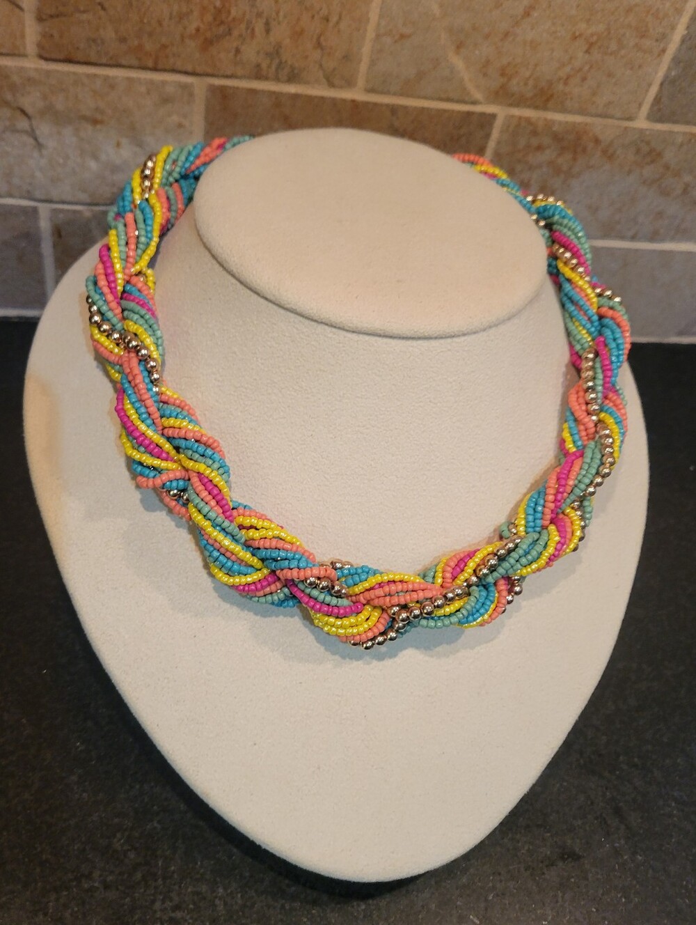 BOHO NECKLACE Multi-Color Twisted Seed Bead Strands w Gold Beads Intertwined